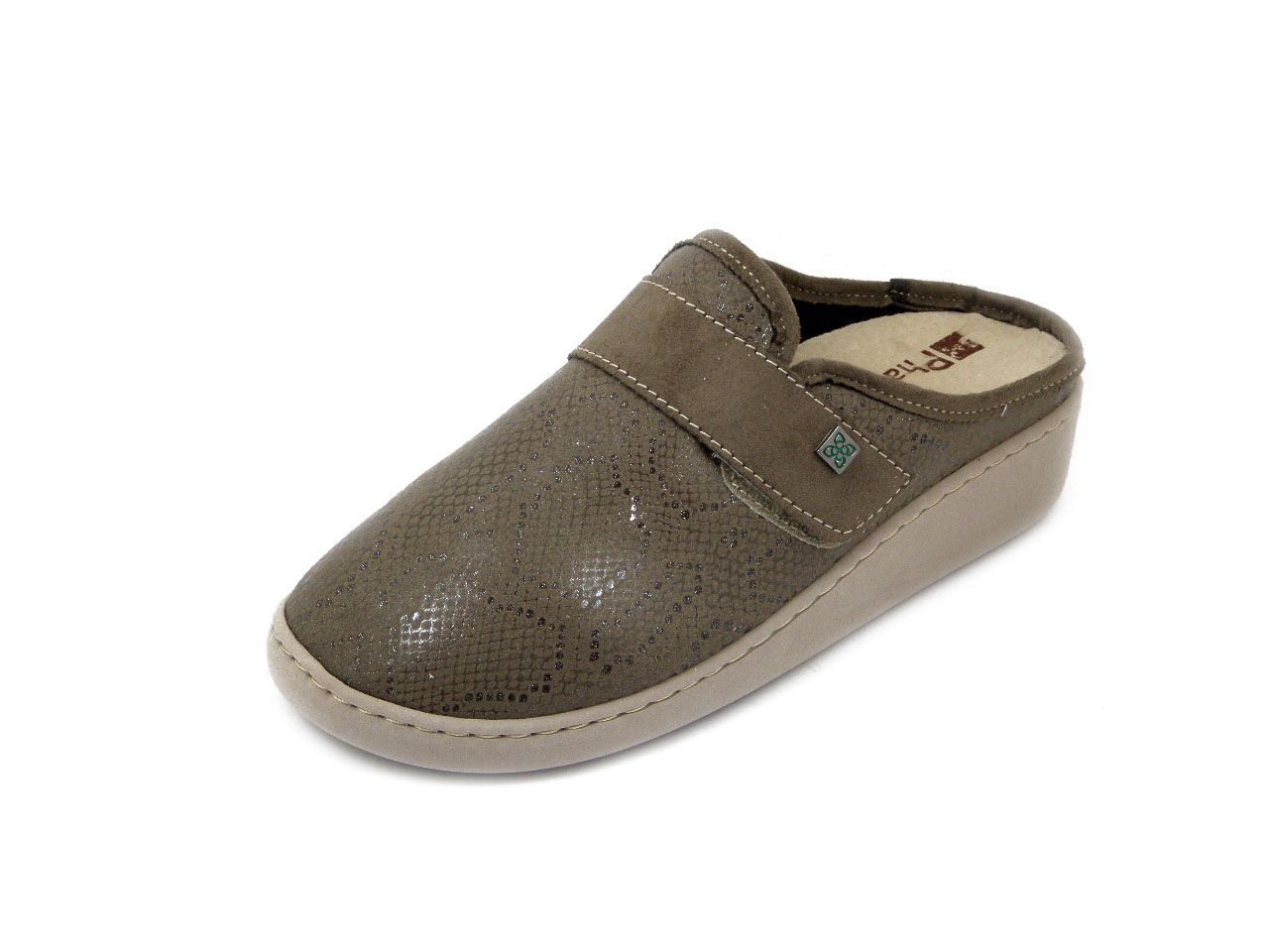 Pantofole Donna in Tessuto Beige con Strap, Plantare in Pelle Estraibile, Zeppa Bassa - 1639 Pantofole Donna in Tessuto Beige con Strap, Plantare in Pelle Estraibile, Zeppa Bassa - 1639
