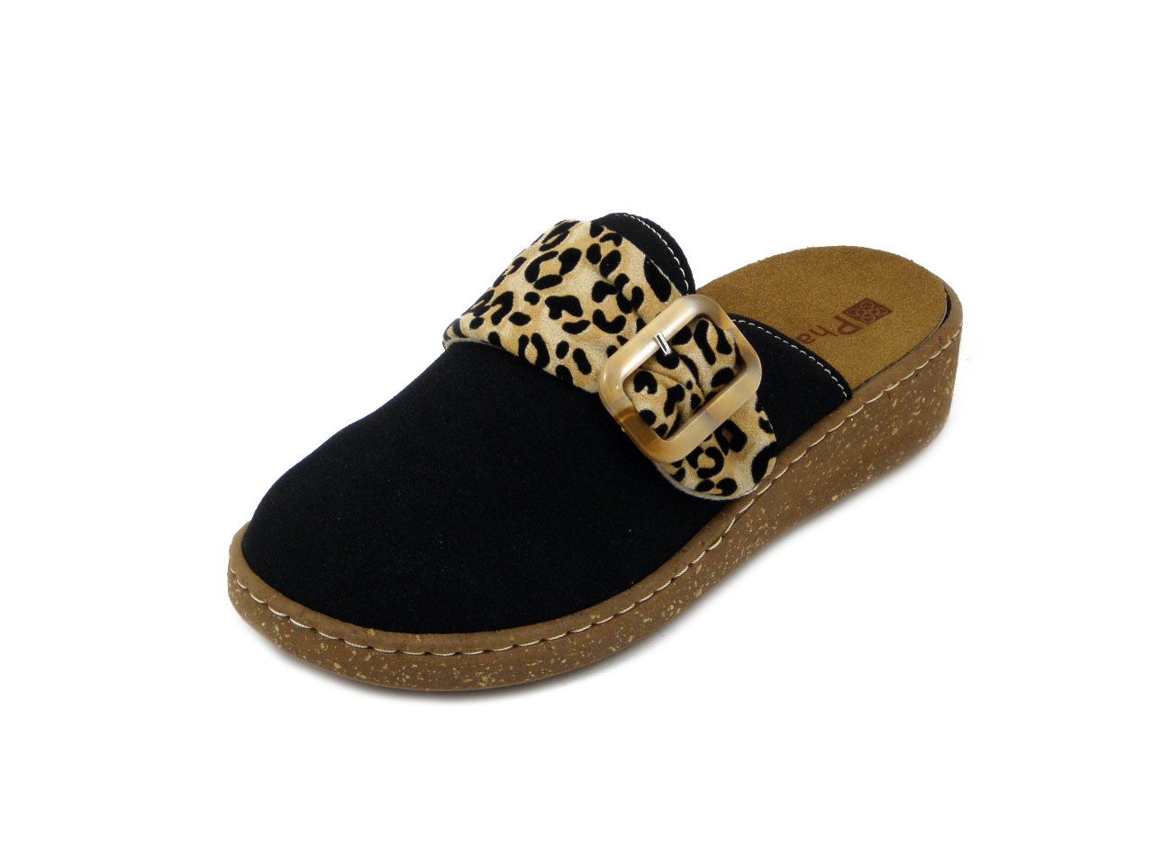 Pantofole Donna in Tessuto Nero e Animalier, Plantare Estraibile, Zeppa Bassa - 1532 Pantofole Donna in Tessuto Nero e Animalier, Plantare Estraibile, Zeppa Bassa - 1532