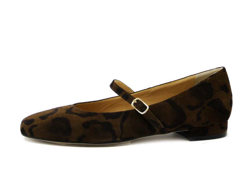 Ballerine in Pelle Camoscio Marrone Animalier con Cinturino, Tacco Basso, Osvaldo Pericoli - RIC104