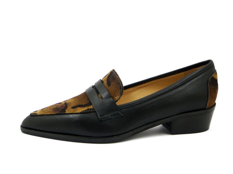 Mocassini Donna in Pelle Nappa Nero e Animalier, Tacco Basso 3 cm, Osvaldo Pericoli - V2426