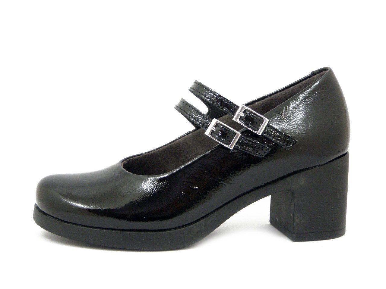 Decolleté Mary Jane in Pelle Nappa Lucida Nero, Tacco Medio 6 cm e Plateau, PITILLOS - 30500