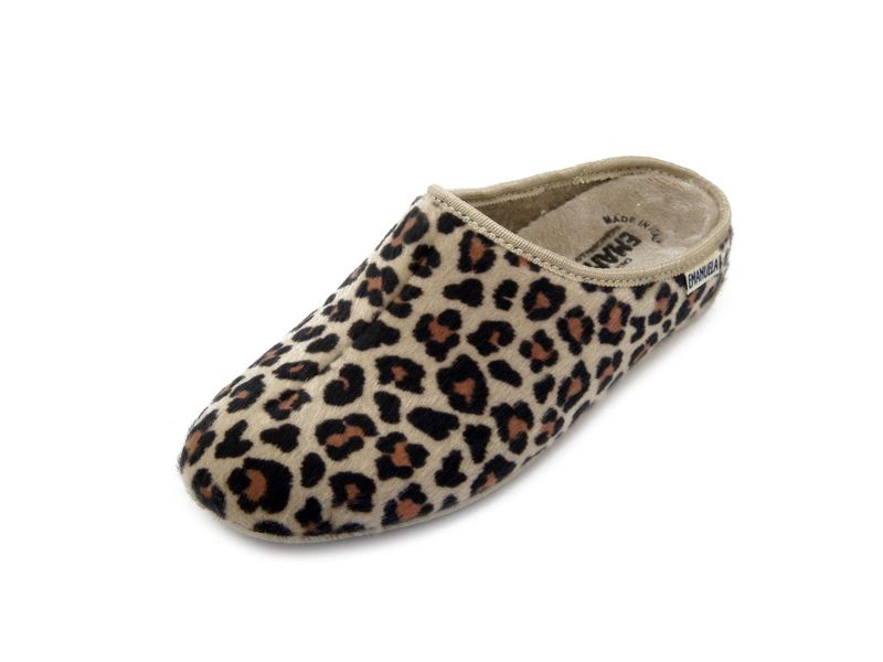 Pantofole Donna invernali in Caldo Tessuto Beige Animalier, Plantare Estraibile, Suola Antiscivolo, Emanuela - 1563