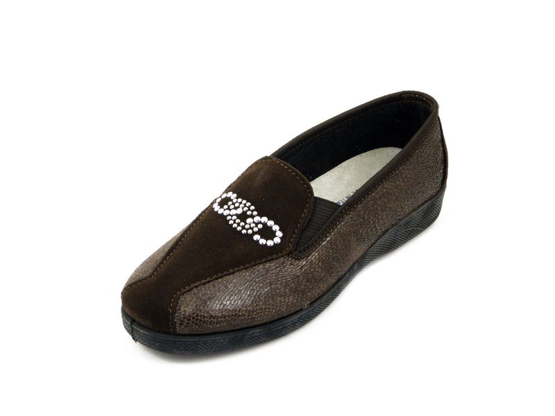 Mocassini Pantofole Donna in Tessuto e Camoscio Marrone, Zeppa Bassa Antiscivolo, Emanuela - 2273VIP Mocassini Pantofole Donna in Tessuto e Camoscio Marrone, Zeppa Bassa Antiscivolo, Emanuela - 2273VIP