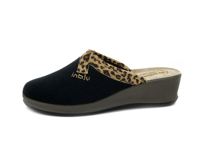 Pantofole Donna Invernali in Tessuto Nero e Animalier, Sottopiede Vera Pelle, Zeppa Media, INBLU - GI31