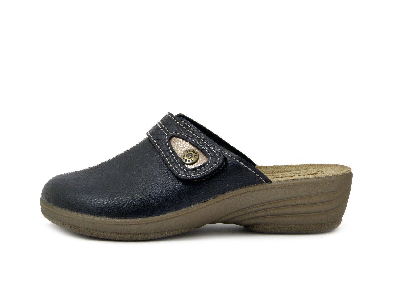Pantofole Donna in Eco Pelle Blu con Strap, Sottopiede Vera Pelle, Zeppa Bassa, INBLU - CK05 Pantofole Donna in Eco Pelle Blu con Strap, Sottopiede Vera Pelle, Zeppa Bassa, INBLU - CK05