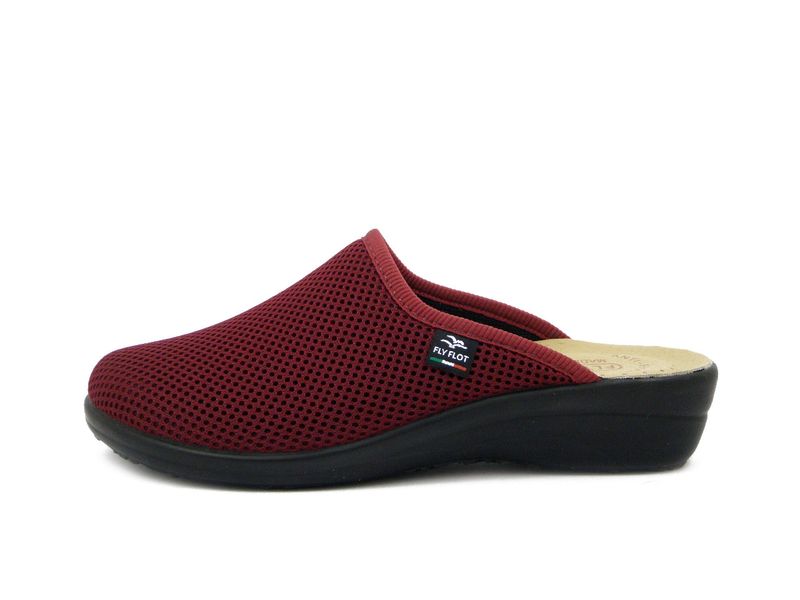 Ciabatte Pantofole Donna Leggere in Tessuto Rosso Bordeaux, Zeppa Bassa, Sottopiede in Vera Pelle, FLYFLOT - T4368BO