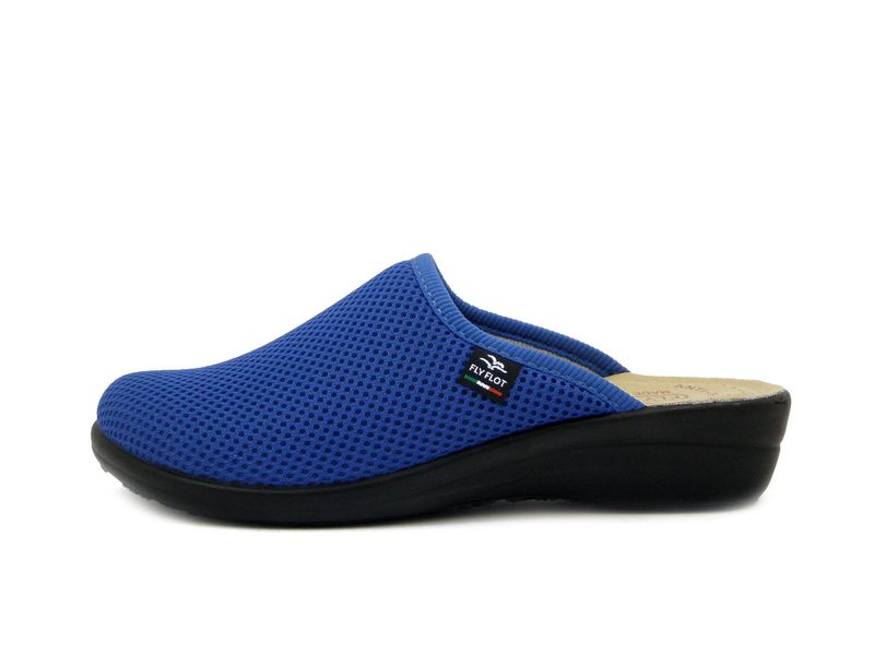 Pantofole Donna Leggere in Tessuto Blu, Zeppa Bassa, Sottopiede in Vera Pelle , FLYFLOT - T4368BL