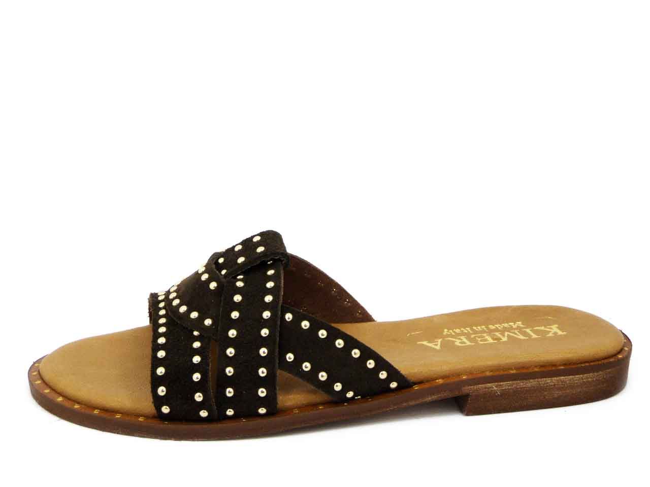 Sandali Ciabatta Donna in Pelle Camoscio Marrone Testa di Moro con Borchie, Tacco Basso, Osvaldo Pericoli - 3012