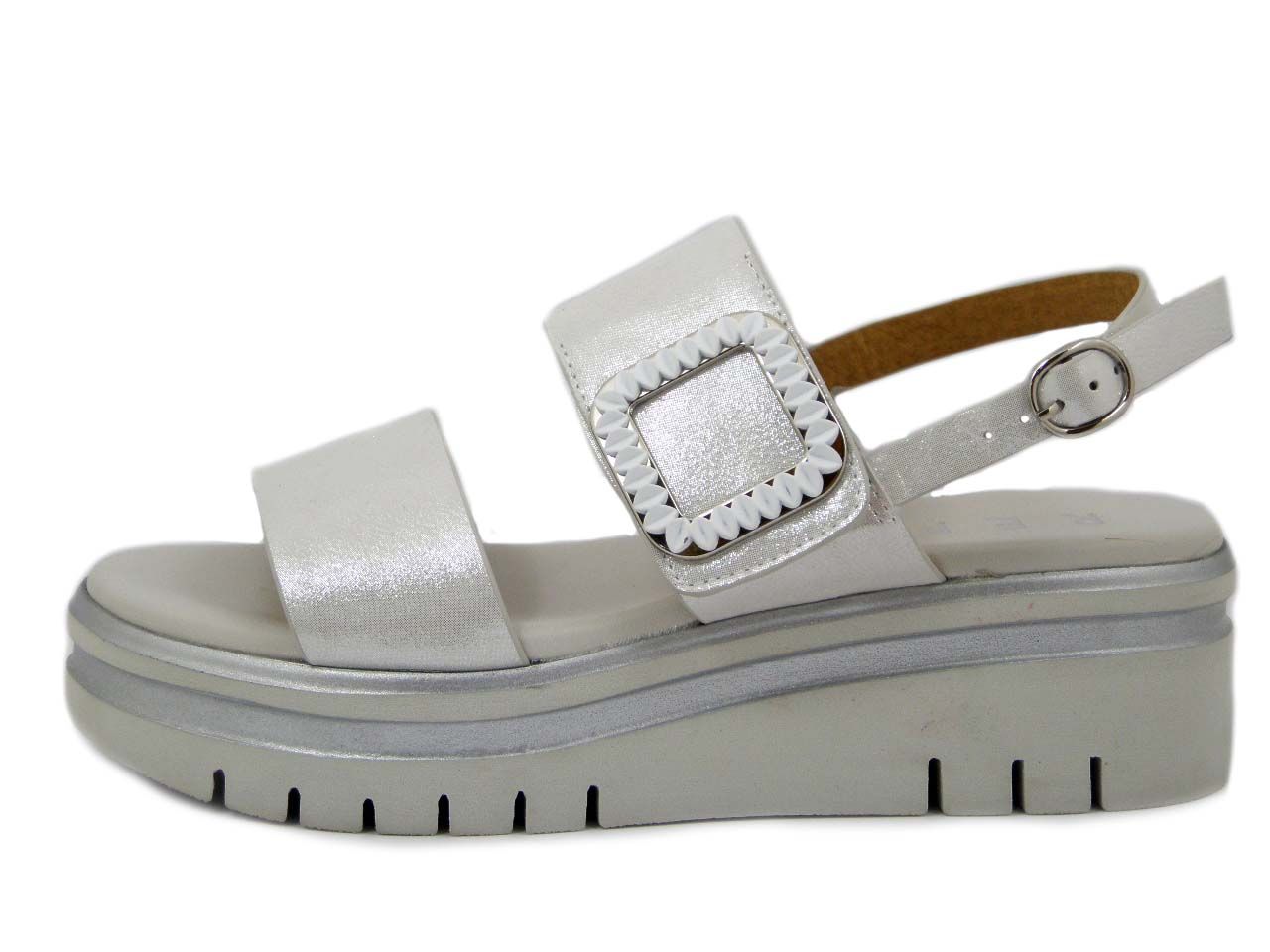Sandali Donna in Pelle Argento, Zeppa Medio 5 cm, regolabile  - 54245