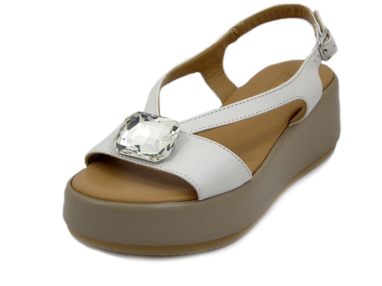 Sandali Donna in Pelle Bianco, Zeppa 6 cm,  Fibbia regolabile, SOFFICE SOGNO - 77C4