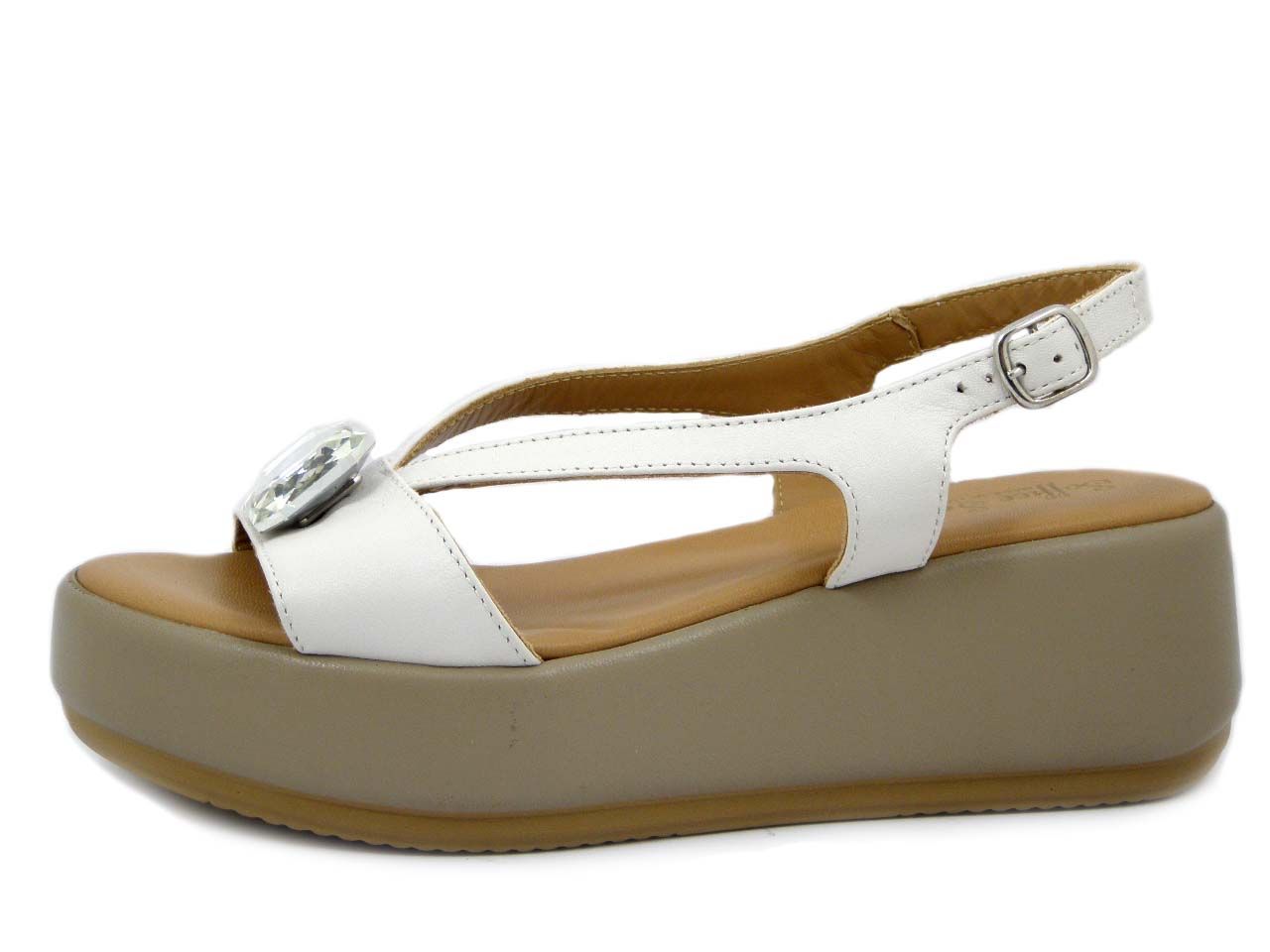 Sandali Donna in Pelle Bianco, Zeppa 6 cm,  Fibbia regolabile, SOFFICE SOGNO - 77C4