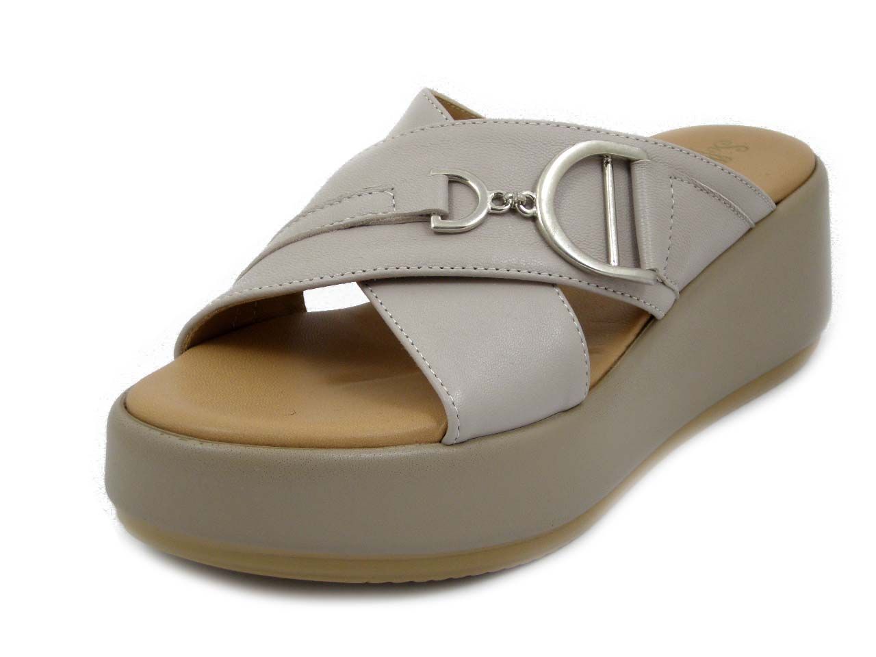 Sandali Donna, Ciabatta in Pelle Beige, Zeppa 6 cm, SOFFICE SOGNO - 77C1