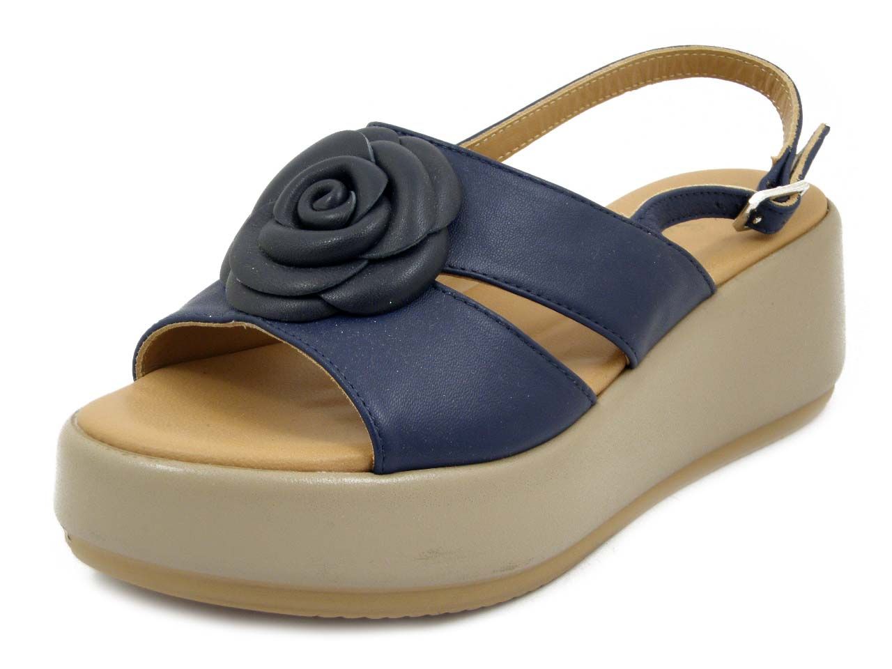 Sandali Donna in Pelle Blu, Zeppa 6 cm,  Fibbia regolabile, SOFFICE SOGNO - 77C2