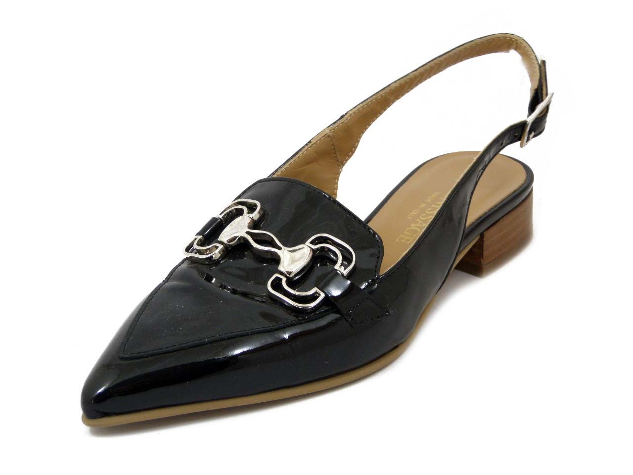 Decolletè Sling Back in Pelle Lucida Nero, Tacco basso 2,5 cm, VERNISSAGE - 20C5