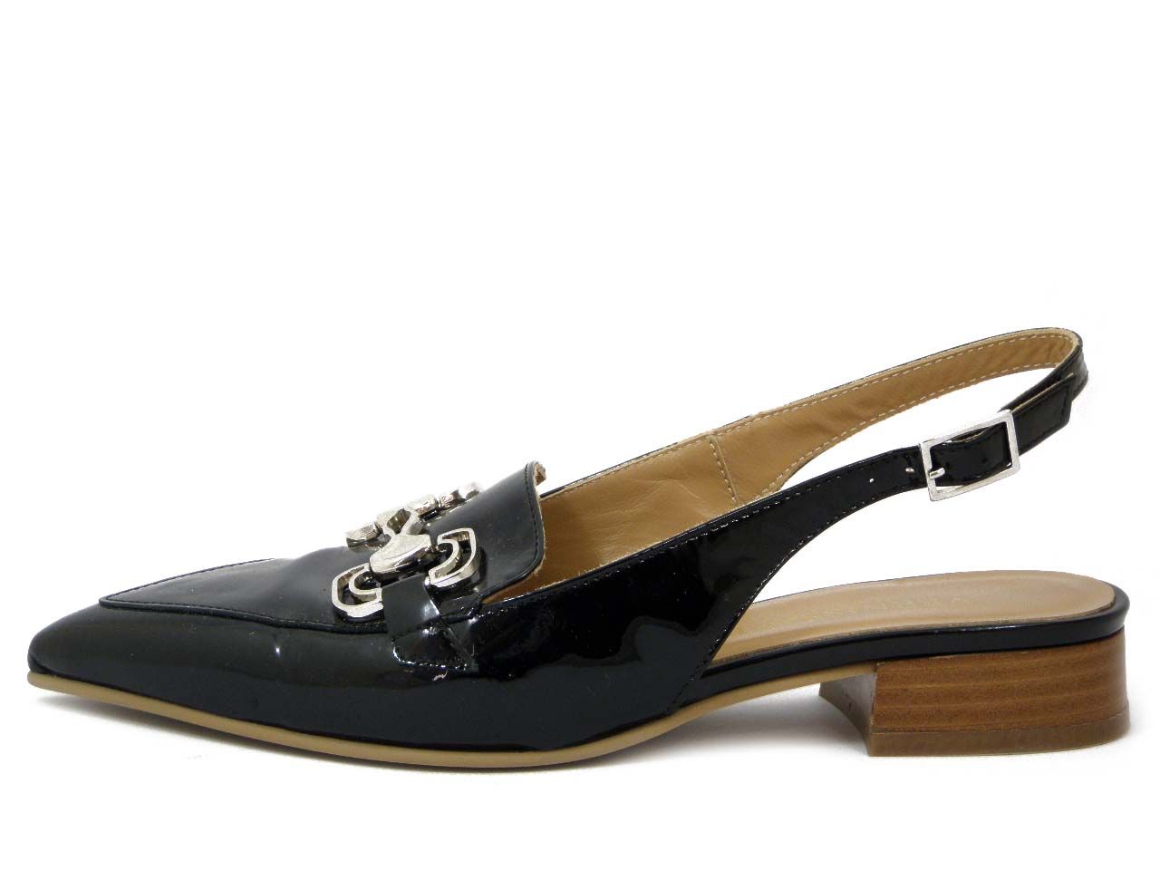 Decolletè Sling Back in Pelle Lucida Nero, Tacco basso 2,5 cm, VERNISSAGE - 20C5