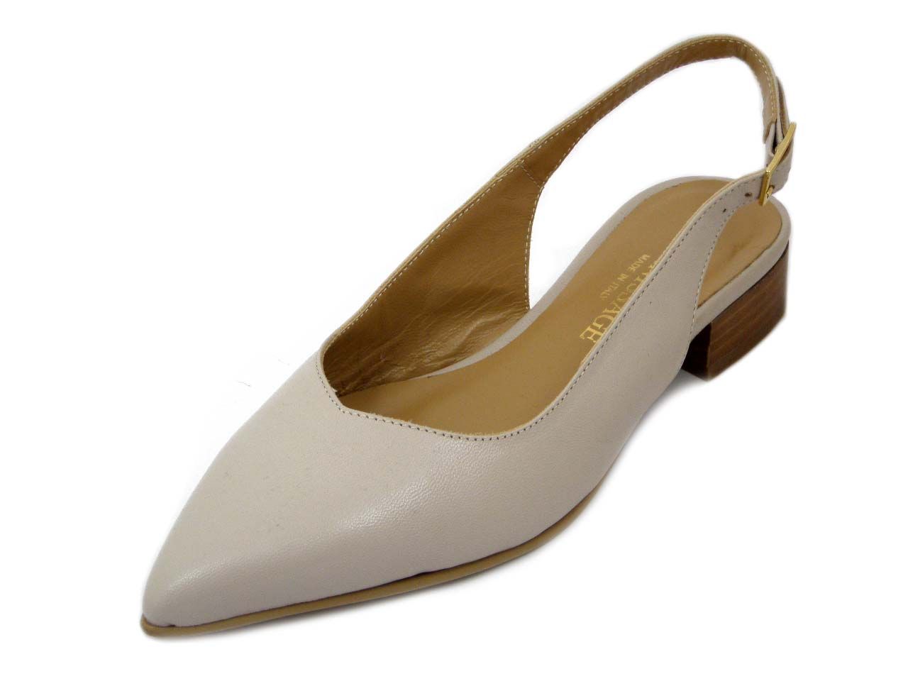 Decolletè Sling Back in Pelle Beige, Fibbia regolabile, Tacco basso 2,5 cm, VERNISSAGE - 20C2