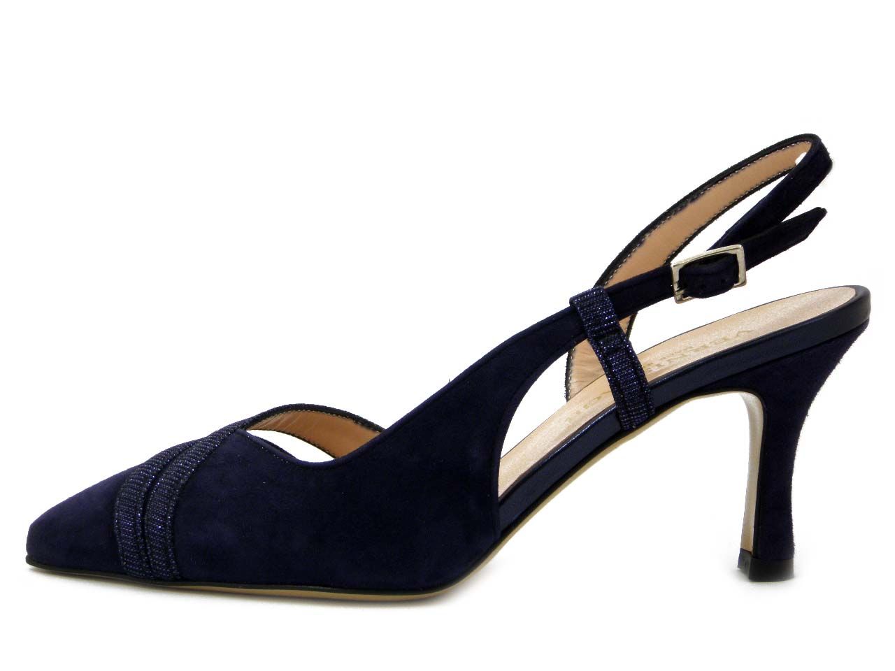Decolletè Sling Back in Camoscio Blu, Fibbia regolabile, Tacco 7,5 cm, VERNISSAGE - 70C1