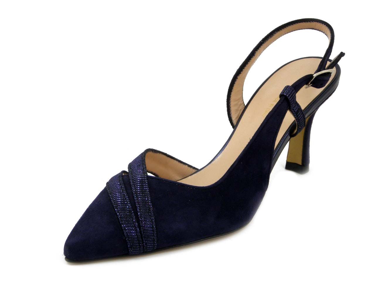 Decolletè Sling Back in Camoscio Blu, Fibbia regolabile, Tacco 7,5 cm, VERNISSAGE - 70C1
