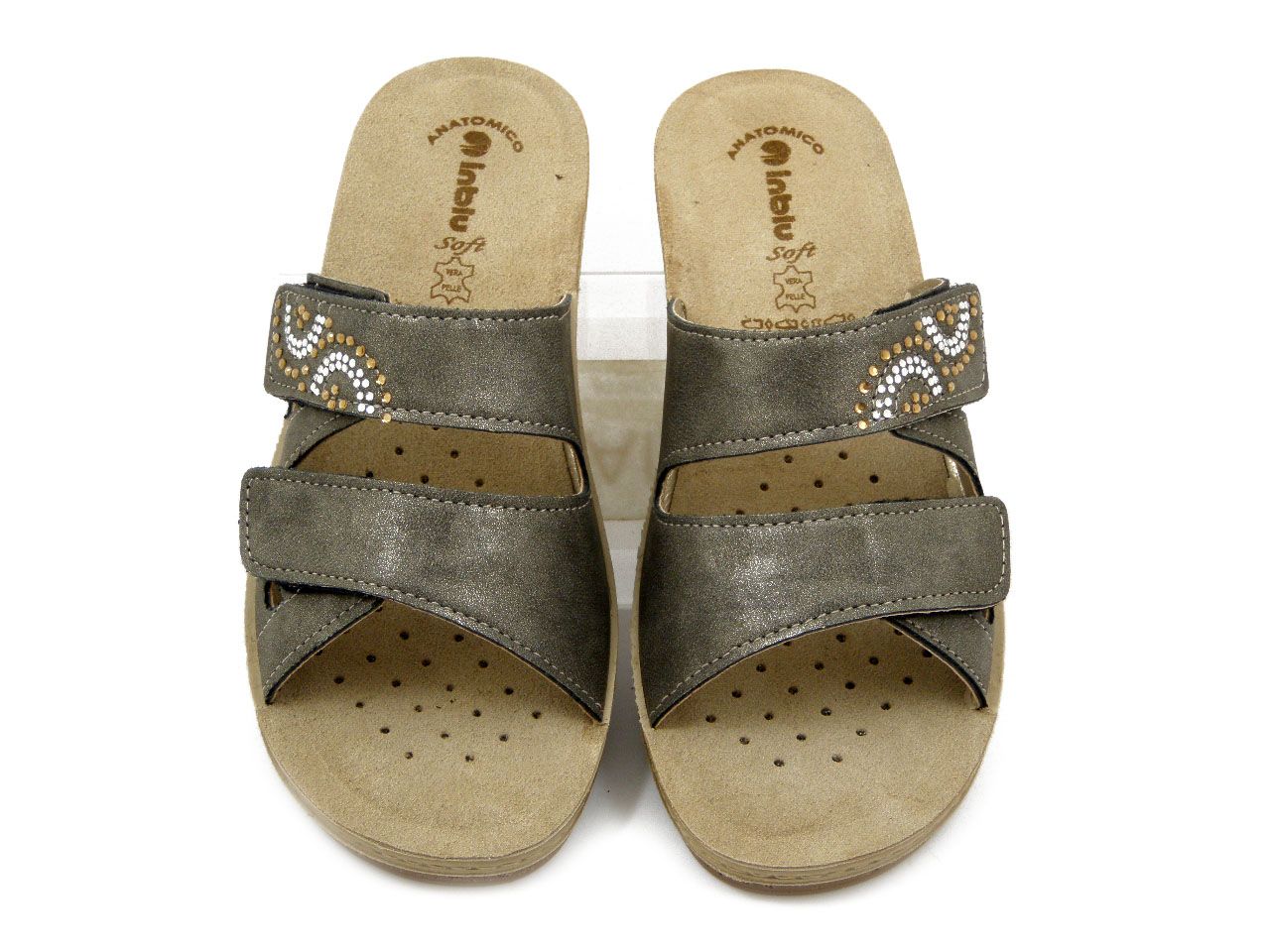 Ciabatta Donna in Eco Pelle Grigio con Doppio Strap, Sottopiede Vera Pelle, Zeppa Bassa 4 cm, INBLU - PV15