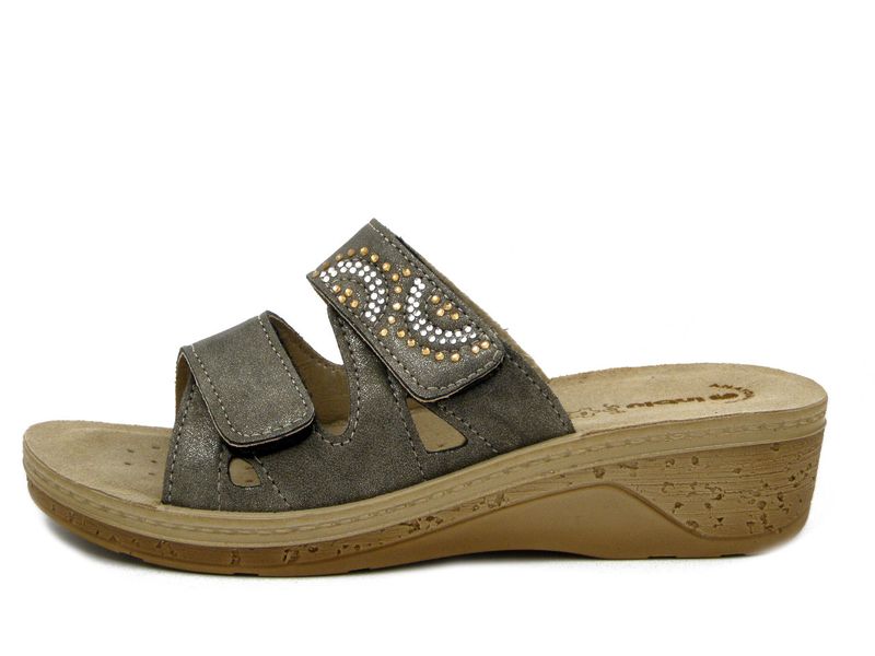 Ciabatta Donna in Eco Pelle Grigio con Doppio Strap, Sottopiede Vera Pelle, Zeppa Bassa 4 cm,  INBLU - PV15
