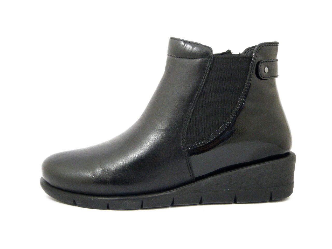 Stivaletti Donna in Pelle Nero, Zeppa Bassa, Pianta Comoda - 22494NE Stivaletti Donna in Pelle Nero, Zeppa Bassa, Pianta Comoda - 22494NE