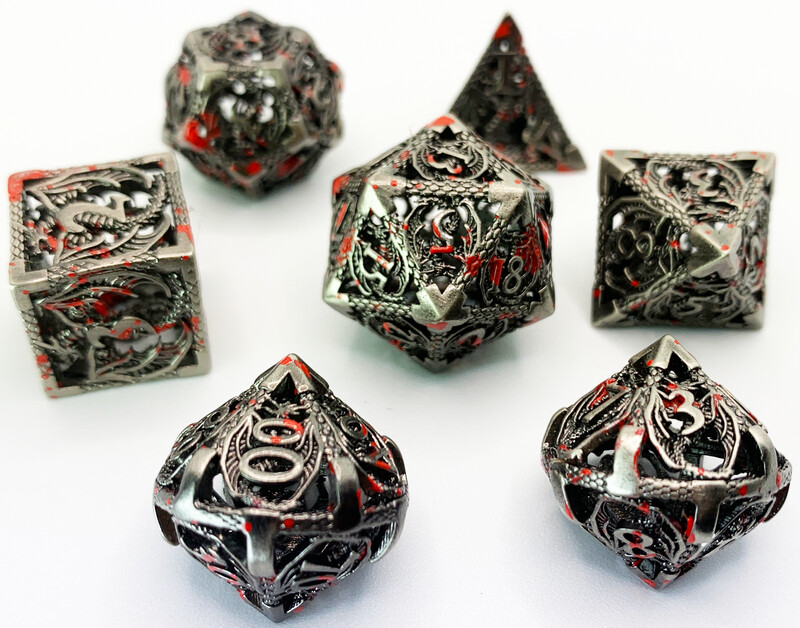 Tarnished Silver Drake (Blood Spattered) Hollow Metal 7 Dice Set