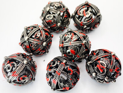 Round Bumpy Tarnished Silver Drake Dice Hollow Metal Dice Set (Blood Spattered)