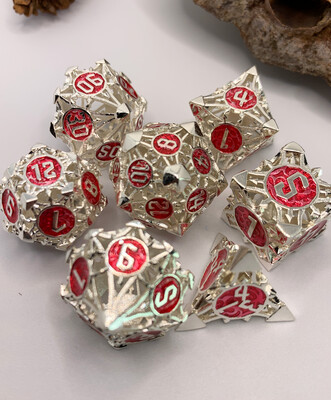 Silver & Ruby Hollow Metal Dice Set