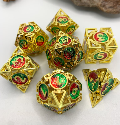 Red & Green & Gold Hollow Metal Dice Set