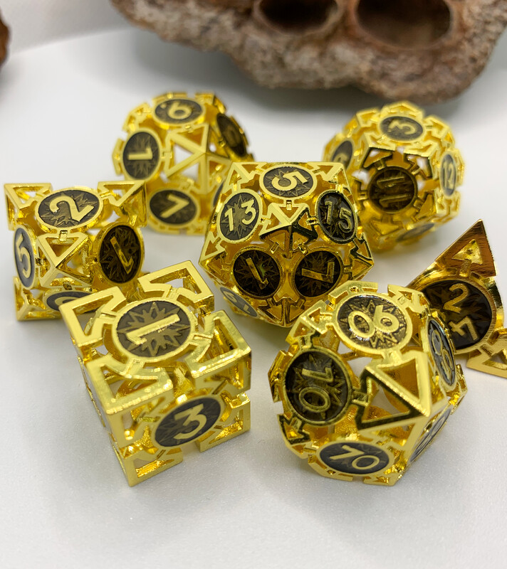Gold & Jet Hollow Metal Dice Set
