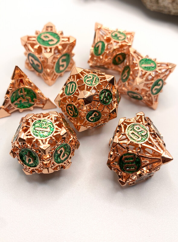 Gold & Emerald Hollow Metal Dice Set