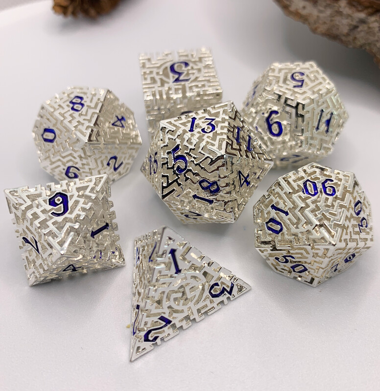 Silver & Blue Labyrinth Hollow Metal Dice Set
