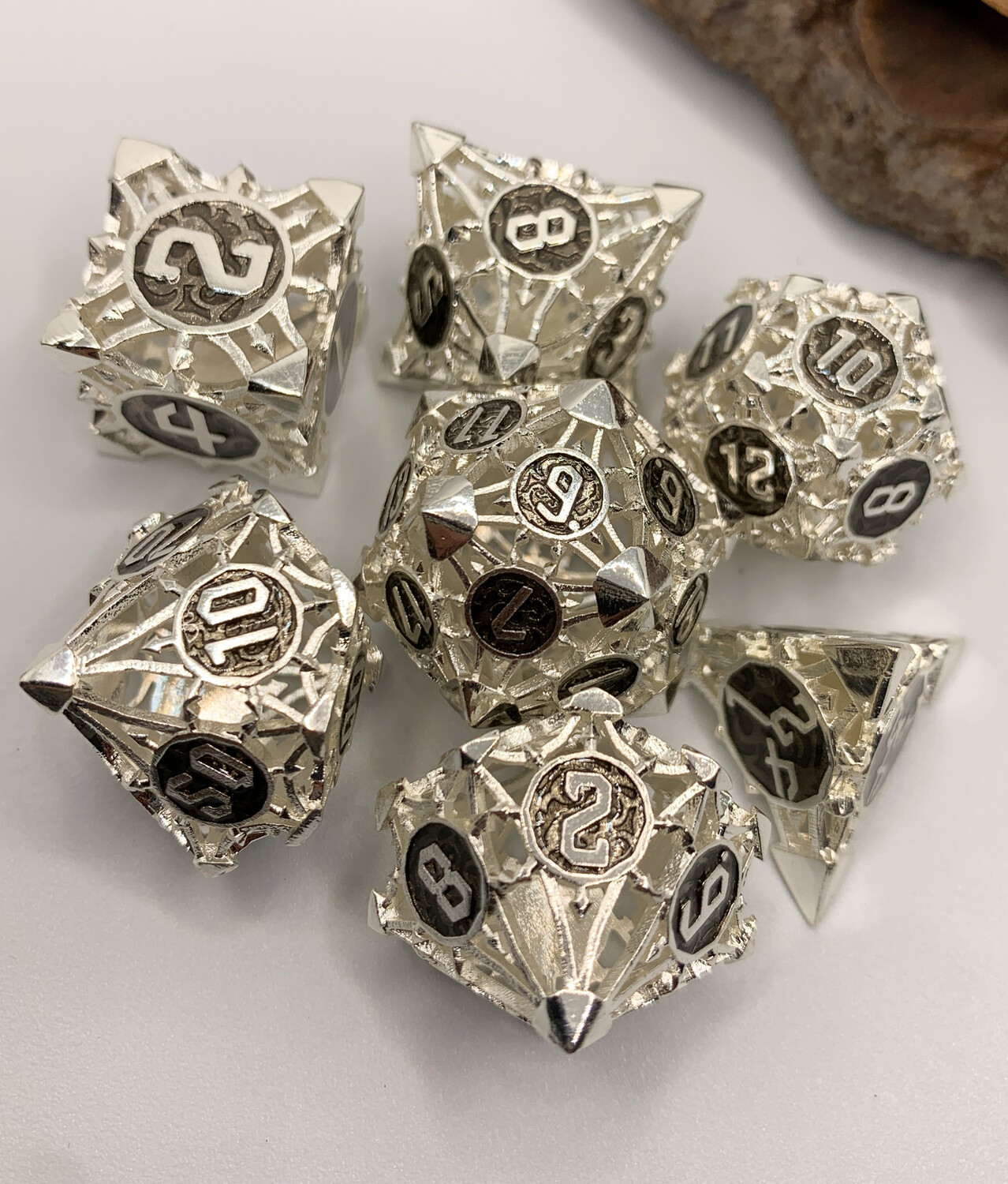 Silver & Jet Hollow Metal Dice Set