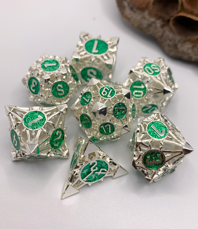 Silver & Emerald Hollow metal Dice Set