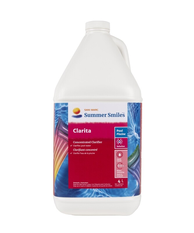Clarita is a fast-acting clarifier that improves filter efficiency by coagulating fine particles suspended in pool water so that they can be trapped by the filtration system or settle on the bottom of the pool. Leaves water crystal clear.