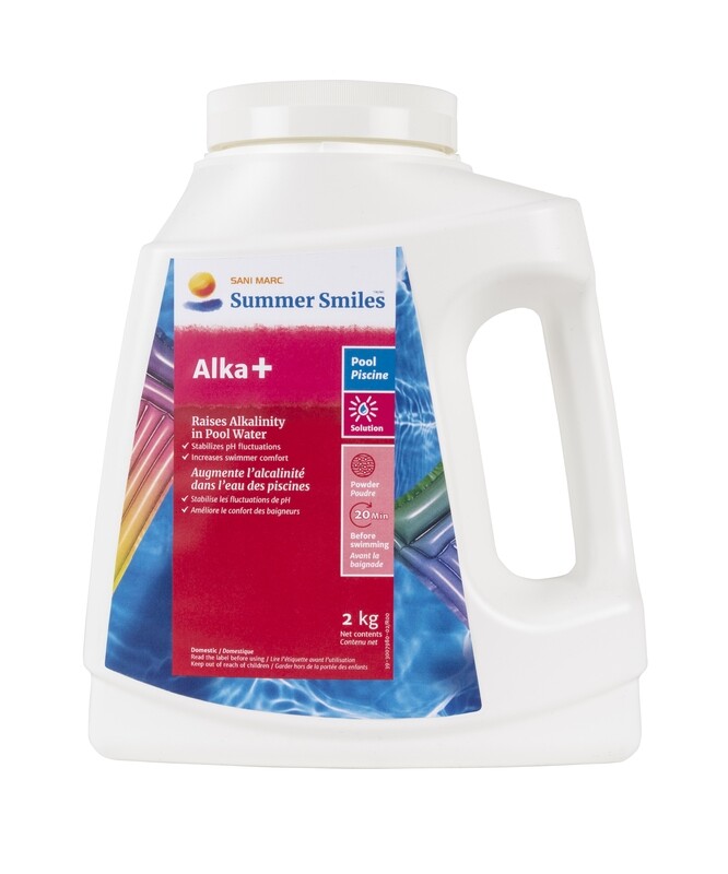 Summer Smiles Alka+ prevents pH fluctuations and helps to keep pool water perfectly balanced to maximize the efficiency of sanitizers. Balancing alkalinity will also increase swimmer comfort and protect pool equipment.