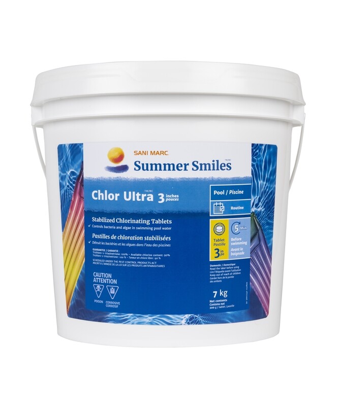Summer Smiles Chlor Ultra 3" Tabs are a stabilized chlorine sanitizer for pool water. Its long-lasting tablets dissolve slowly to disinfect water by efficiently destroying bacteria and algae. It also better withstands the sun’s ultraviolet rays. The premeasured tablets also simplify dosing.