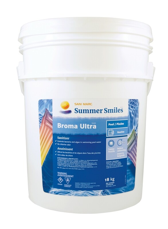 Summer Smiles Broma Ultra brominating tablets effectively sanitize and disinfect pool water while also eliminating algae – even during fluctuating pH levels. It’s odourless bromine formula is also gentler on the skin and eyes of bathers than chlorine. A great option for people with allergies or sensitive skin.