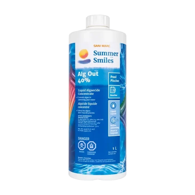 Summer Smiles Alg Out 40% quickly destroys algae in pool water. When used as part of a weekly maintenance routine, Alg Out 40% will also help to prevent algae growth and can treat a wide variety of algae (green, yellow and black).