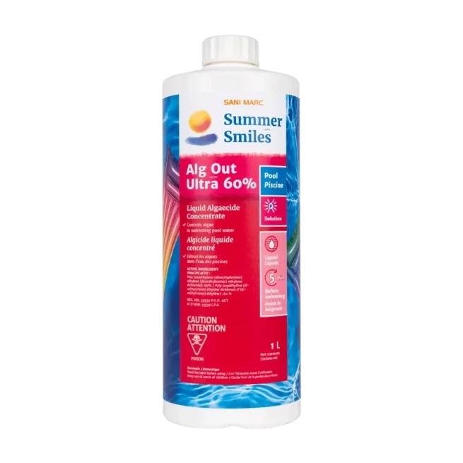 Summer Smiles Alg Out 60% destroys algae in pool water. Its highly concentrated formula makes it a powerful algaecide against visible algae. Alg Out 60% treats a wide variety of algae (green, yellow and black).