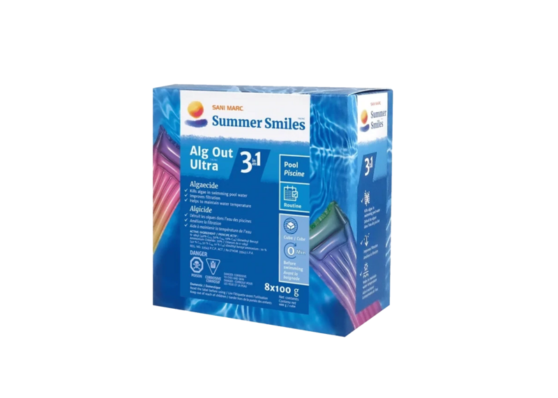 Summer Smiles Alg Out Ultra 3-in-1 destroys and prevents the formation of algae in pool water. This innovative algaecide comes in a long-lasting pre-dosed solid format that’s both safe and easy to use and store and treats a wide variety of algae (green, yellow and black).