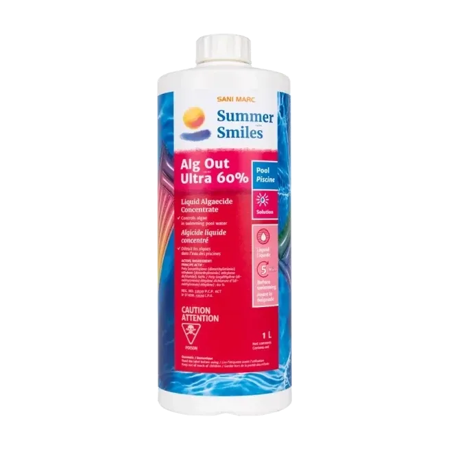 Summer Smiles Alg Out 60% destroys algae in pool water. Its highly concentrated formula makes it a powerful algaecide against visible algae. Alg Out 60% treats a wide variety of algae (green, yellow and black).
