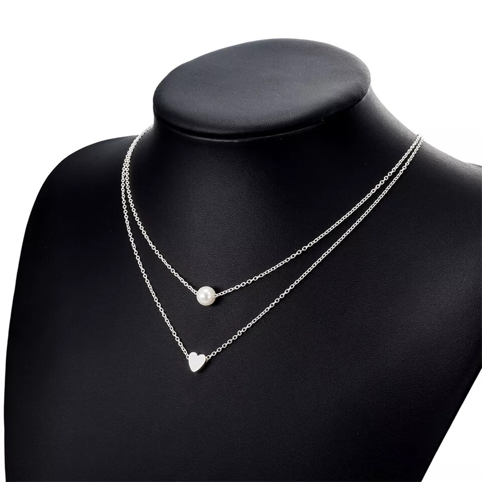 Double layer pearl-heart shaped necklace