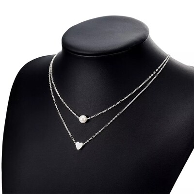 Double layer pearl-heart shaped necklace