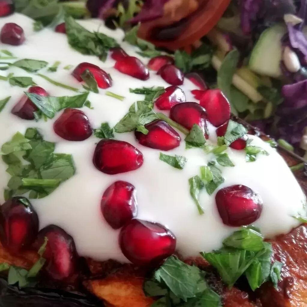 22/02/23 (5.30 PM) Roasted Harissa Aubergine With Yogurt &amp; Pomegranate
