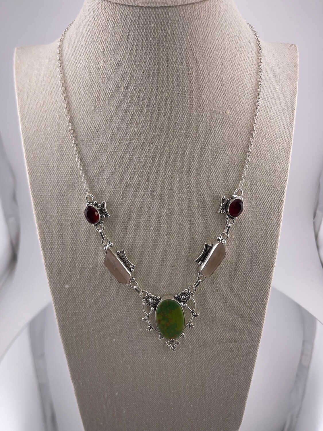 Green Turquoise and Garnet Sterling Silver Necklace