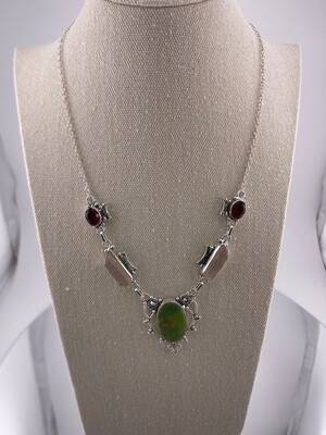 Green Turquoise and Garnet Sterling Silver Necklace