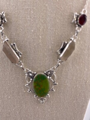 Green Turquoise and Garnet Sterling Silver Necklace
