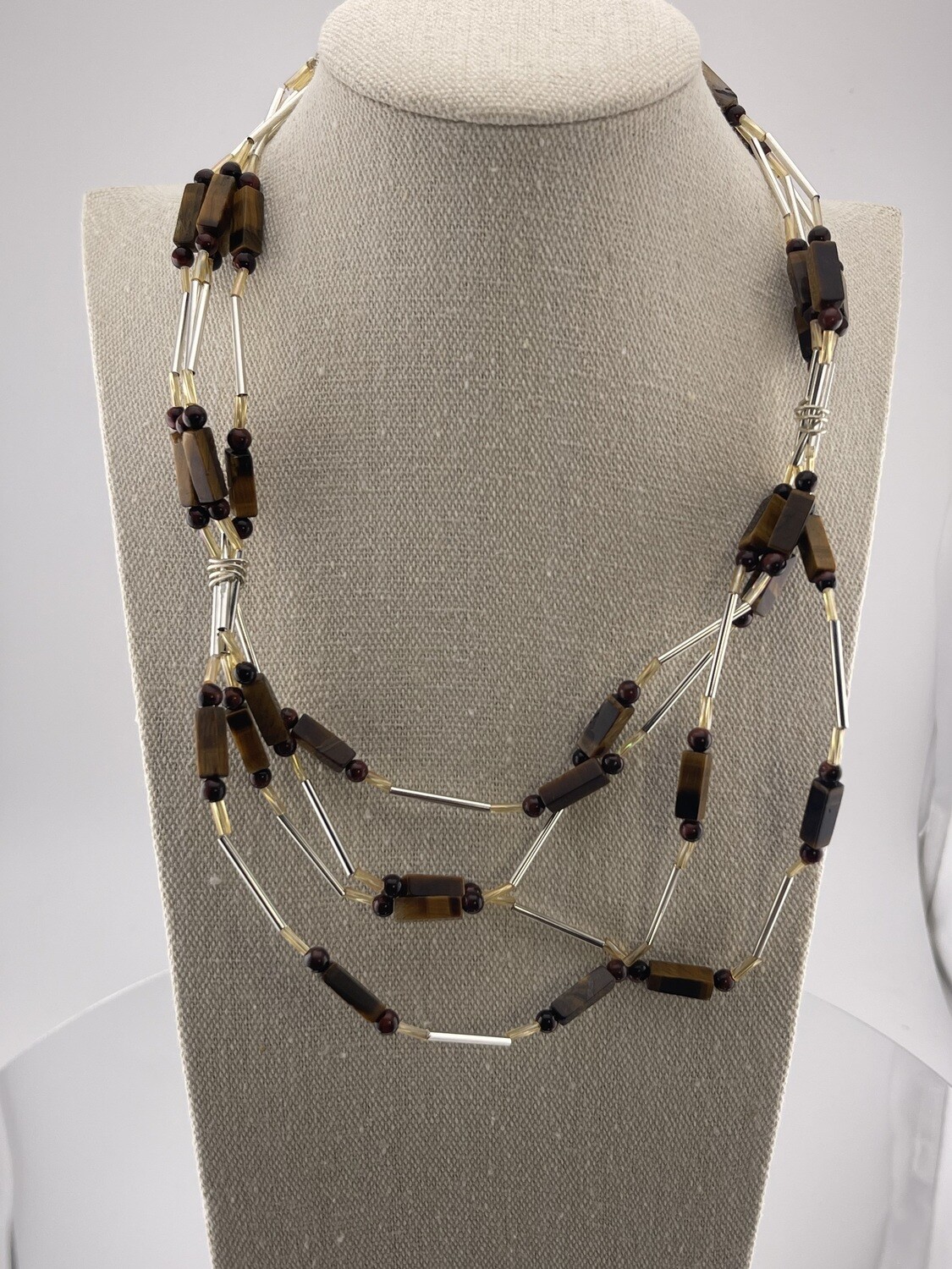 Tiger Eye Triple Strand Necklace with Sterling Silver