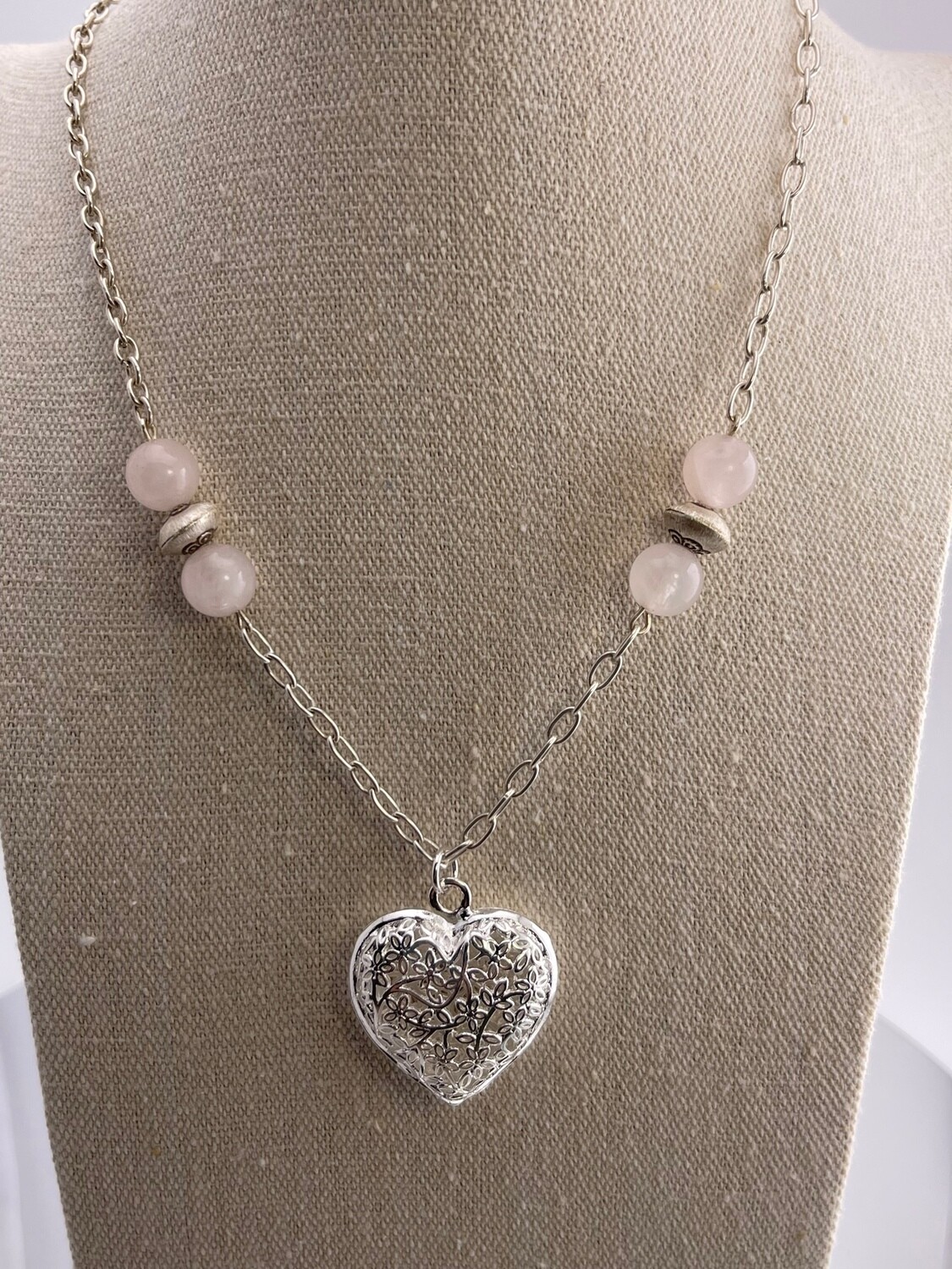 Bubble Sterling Silver Heart with Pink Quartz and Sterling Silver Beads Necklace